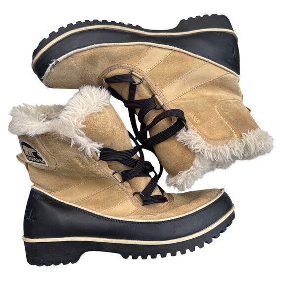 SOREL Tivoli II Black Tan Suede Faux Fur Lined Boots Women's 10 US 8 UK Snow - Picture 1 of 14